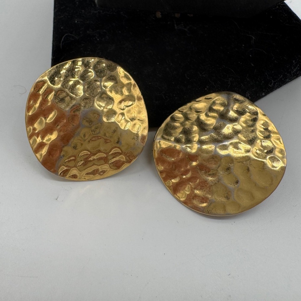 Monet Vintage Hammered Gold Tone Round Disc Clip On Earrings Large Statement
